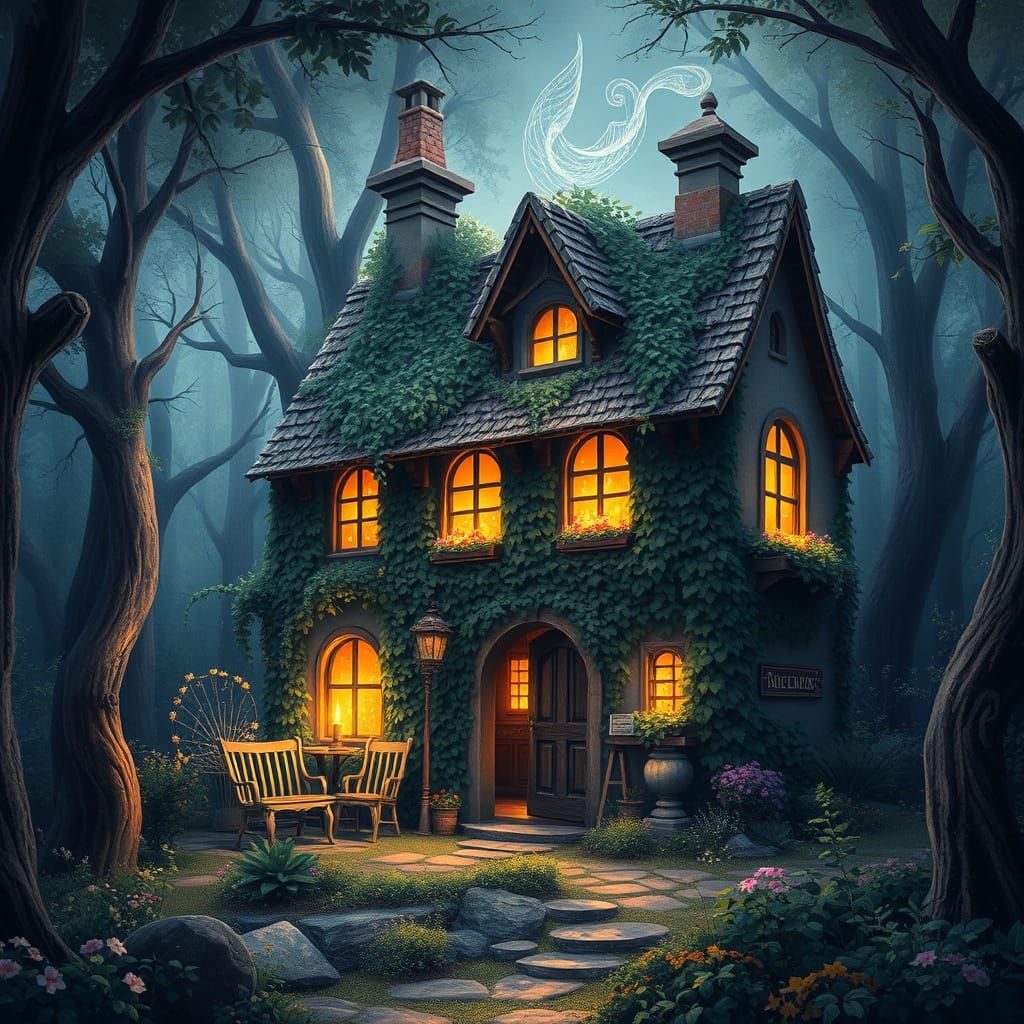 Whimsical Cottage Scene in Romantic Watercolor Style