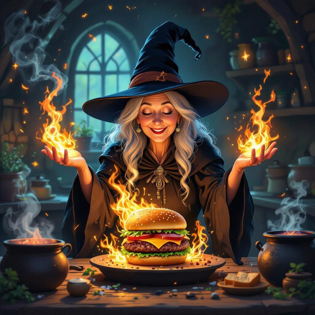 Witch Magically Conjures Hamburger in Cozy Cottage Kitchen