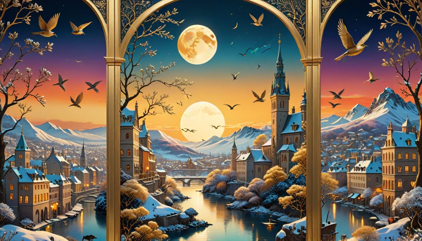 Winter Cityscape Triptych in Luxurious, Vibrant Style