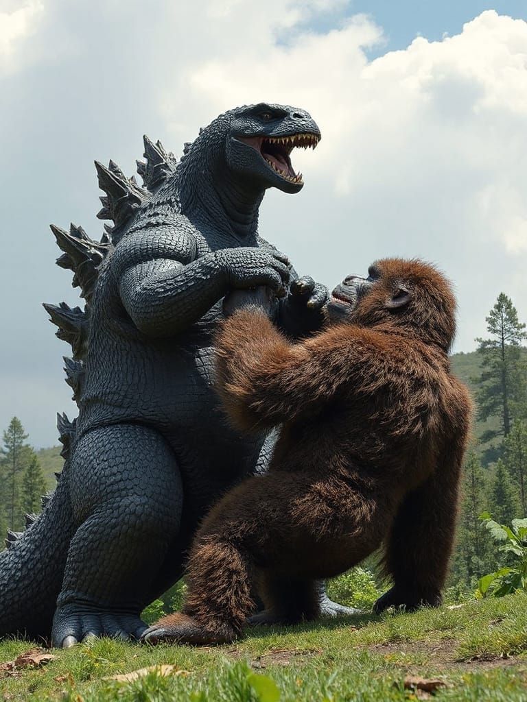 Godzilla eating a giant gorilla