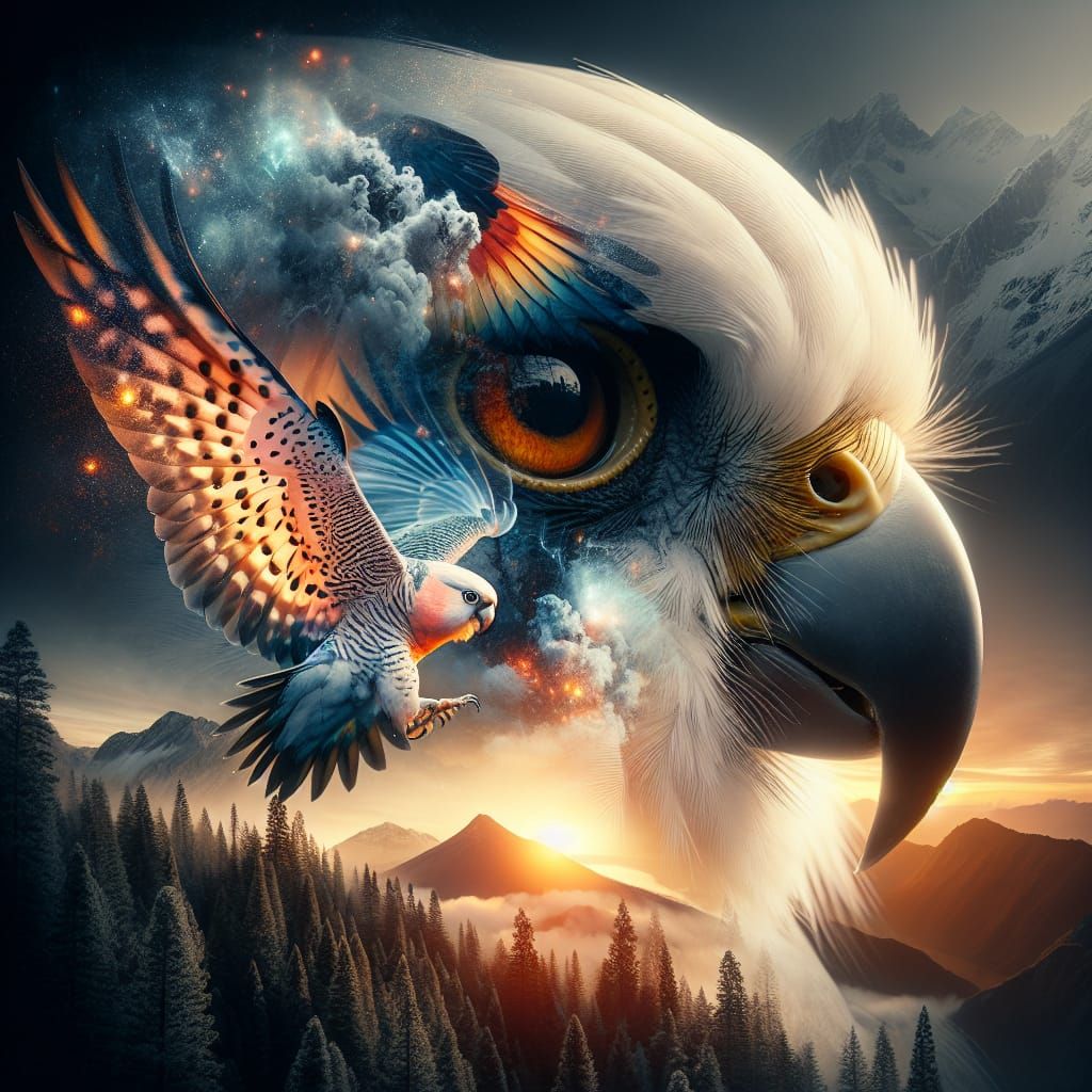 Hyperrealistic Falcon Double Exposure: Forest Sunset