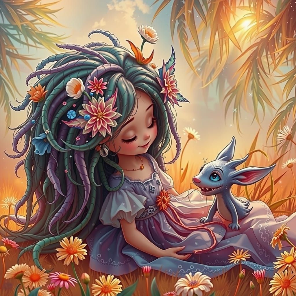 Surreal Fantasy Scene of Girl and Blue Monster in a Dreamy F...