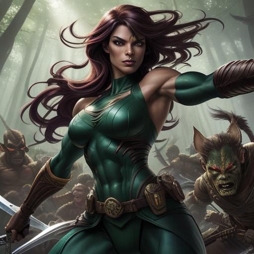 Exotic Warrior Defends Forest: Comic Book Art