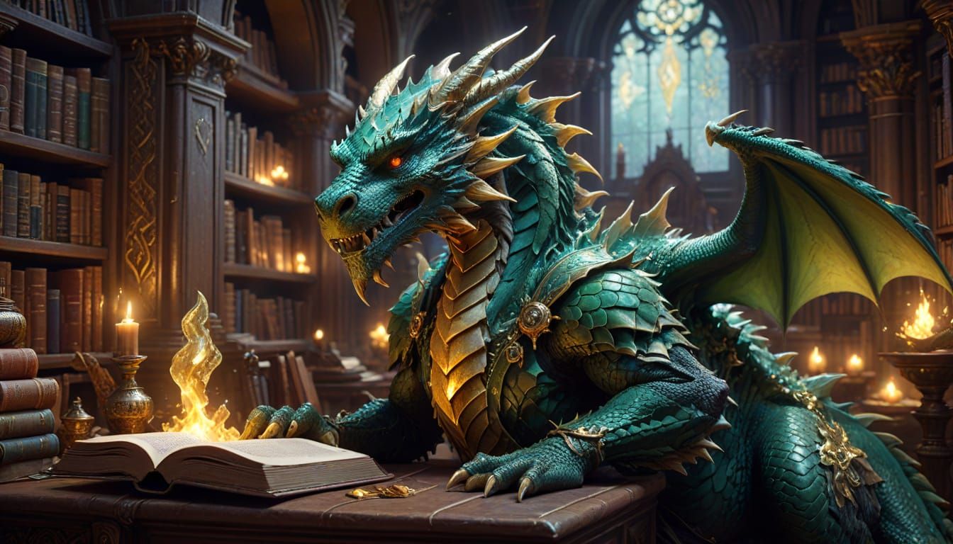 Mystical Dragon in an Ancient Library