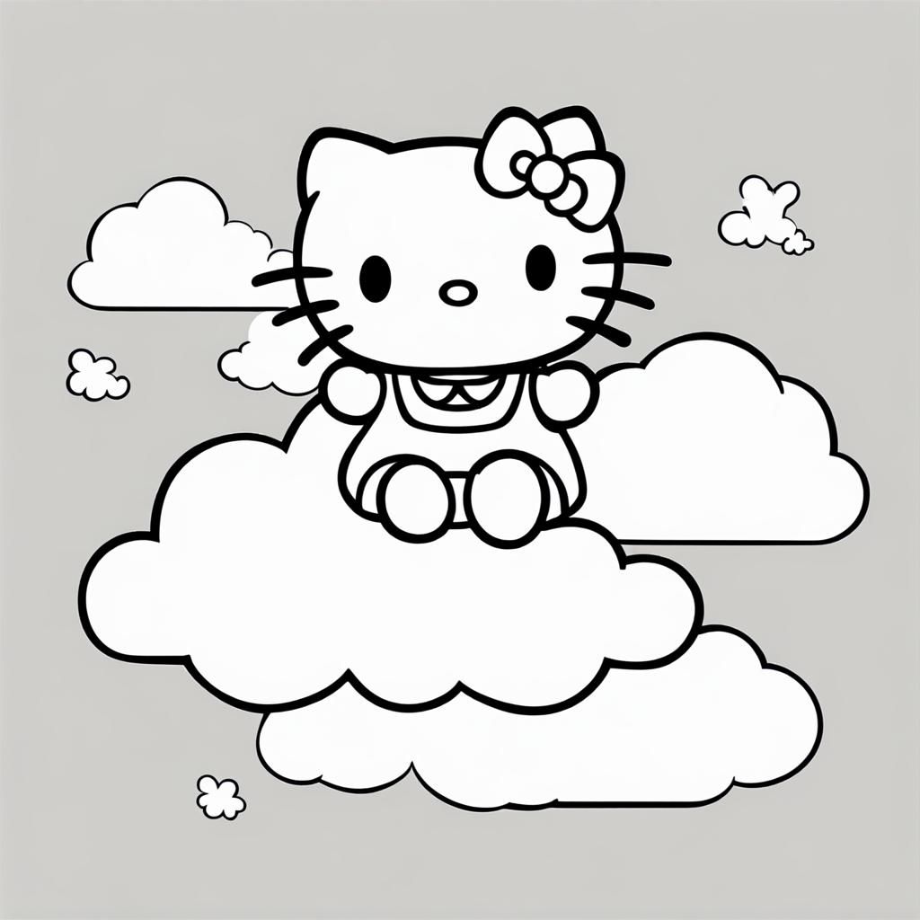 Hello Kitty on a Cloud in Line Art