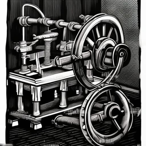 Workers and Arcade Machine in Linocut Style