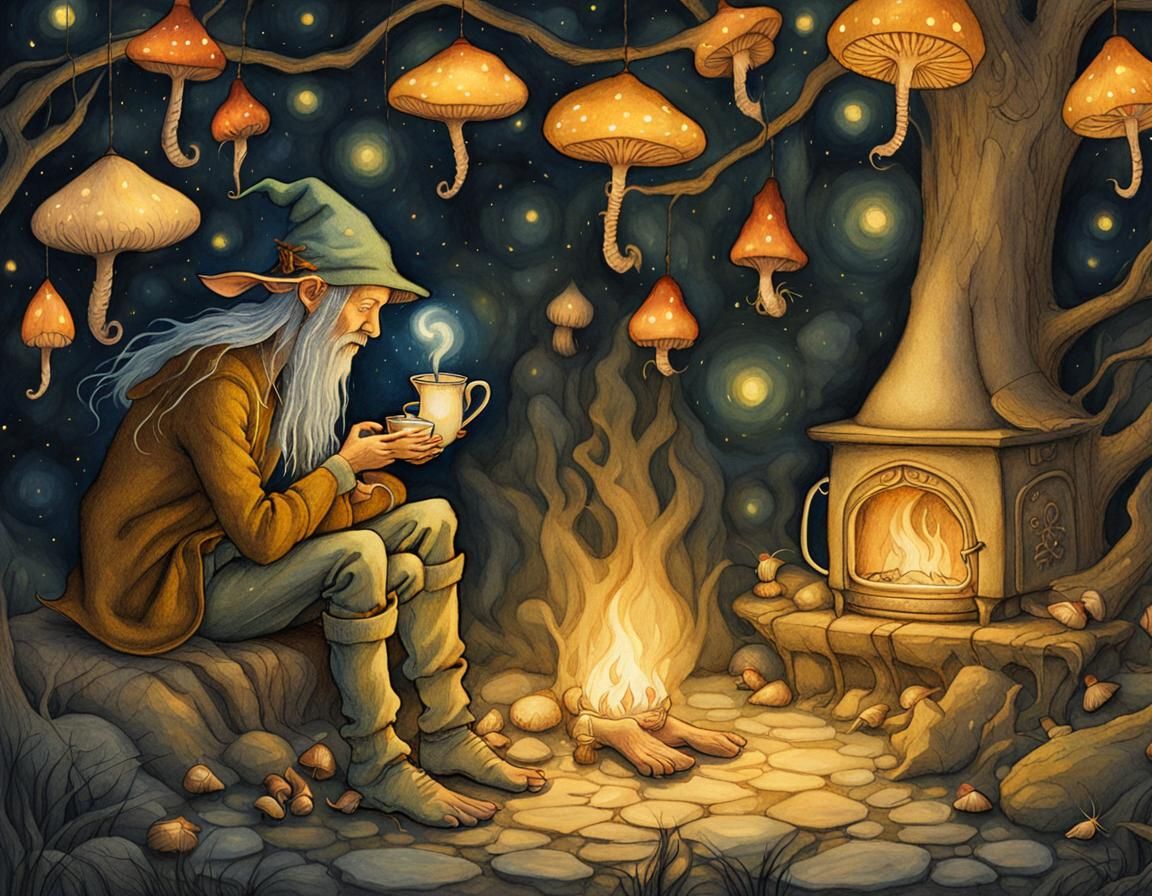 Whimsical Fantasy Elf by the Cozy Fireplace