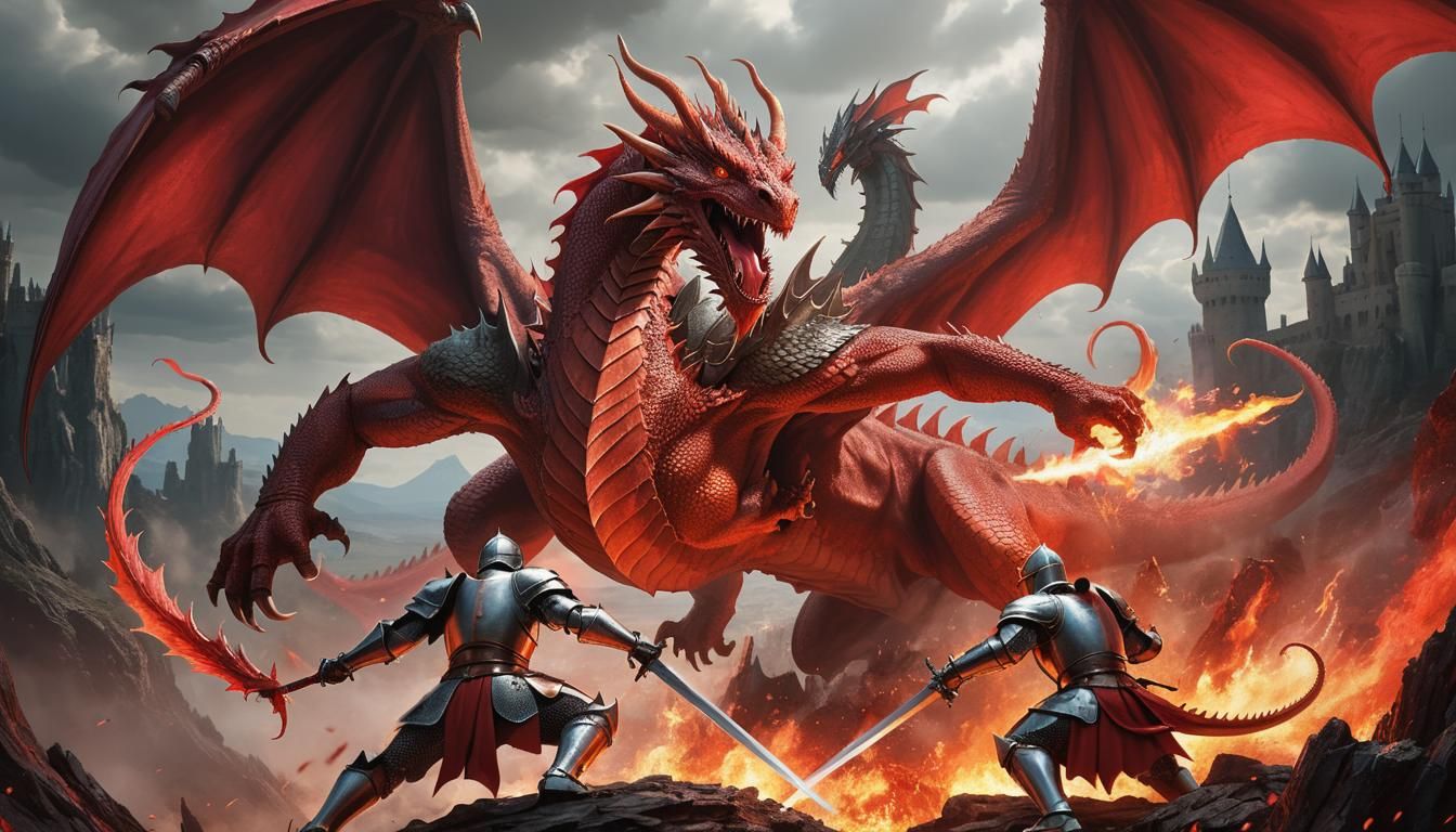 epic fight moment between a huge red dragon and a knight