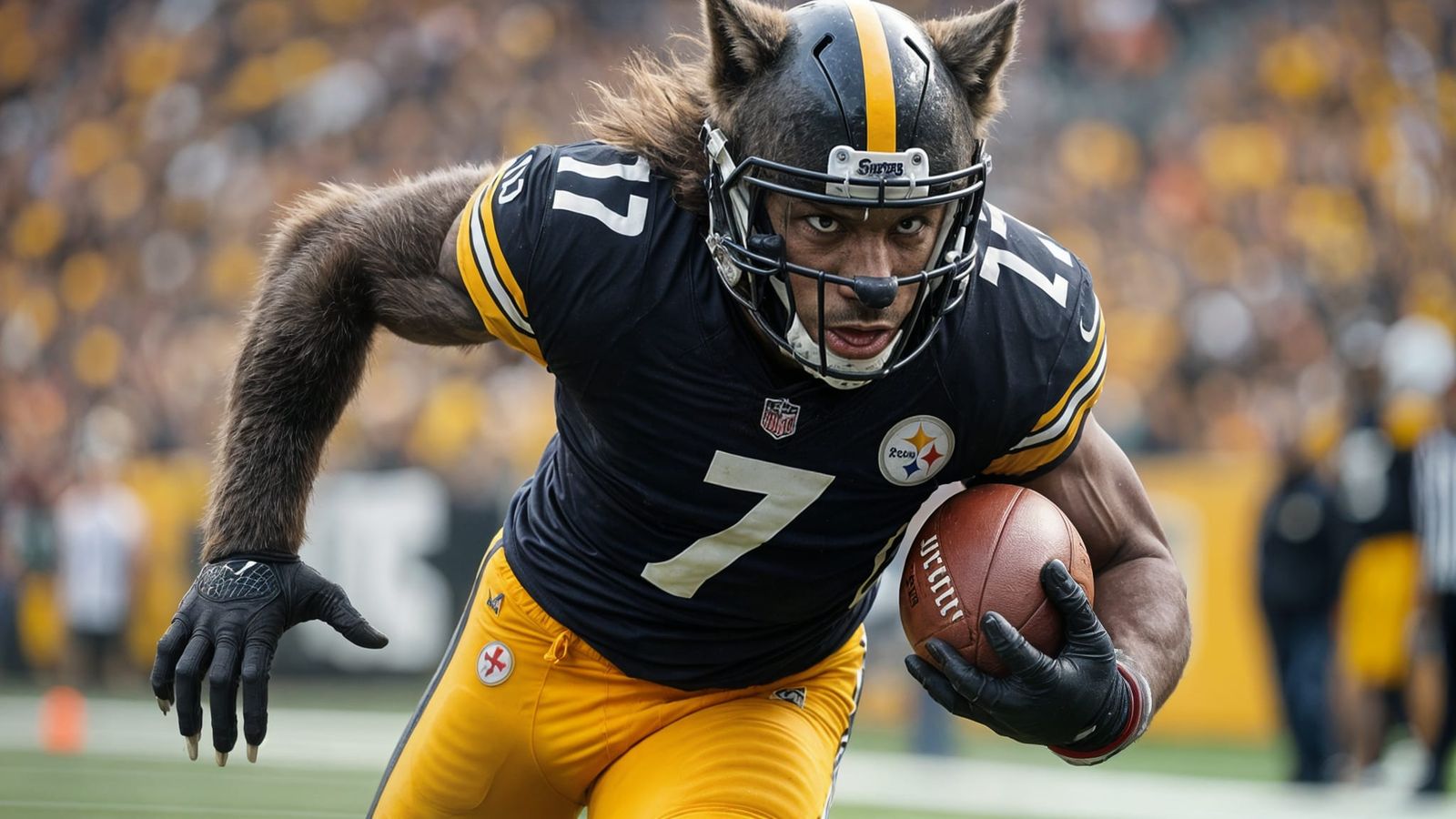 Werewolf Football Player in Stadium, Hyperrealistic Art