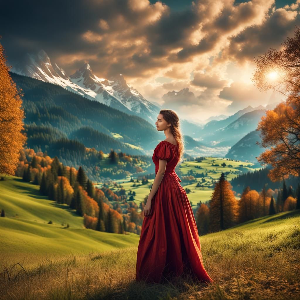 Girl in Switzerland Landscape: Detailed Artstation Image