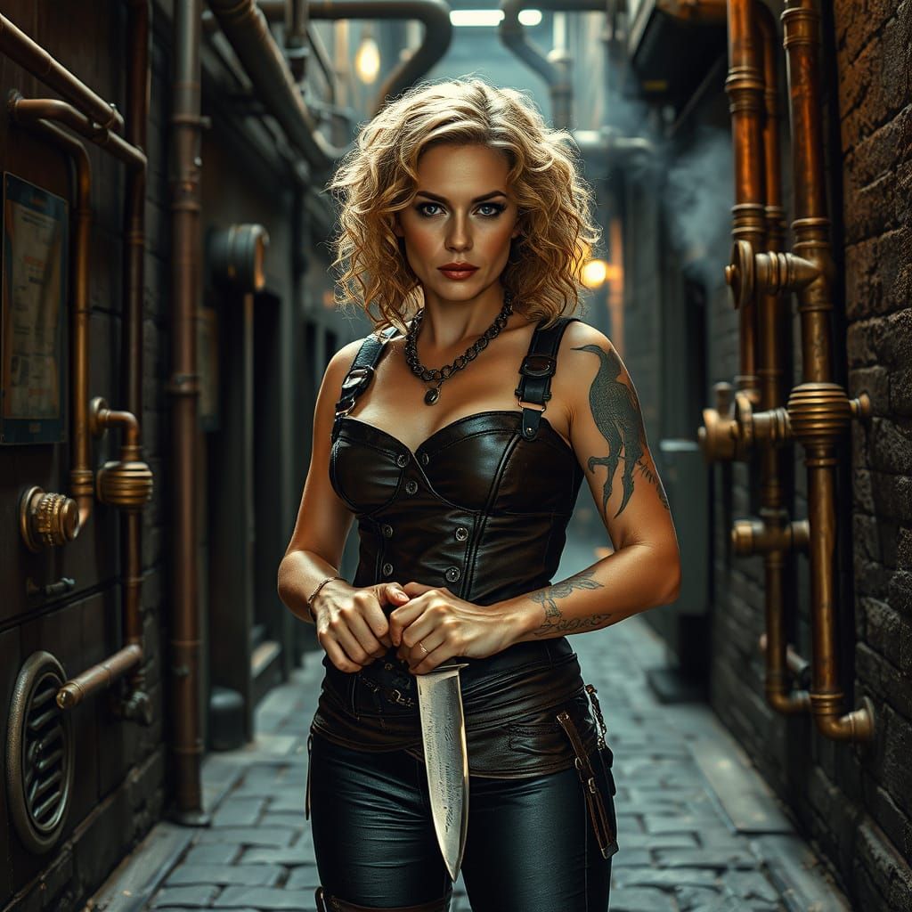Steampunk Woman with Knife in Cyberpunk Alleyway