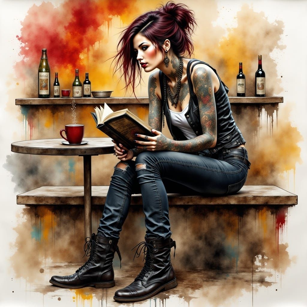 Grunge Fashion Tattooed Woman Reading: Watercolor Oil Painti...