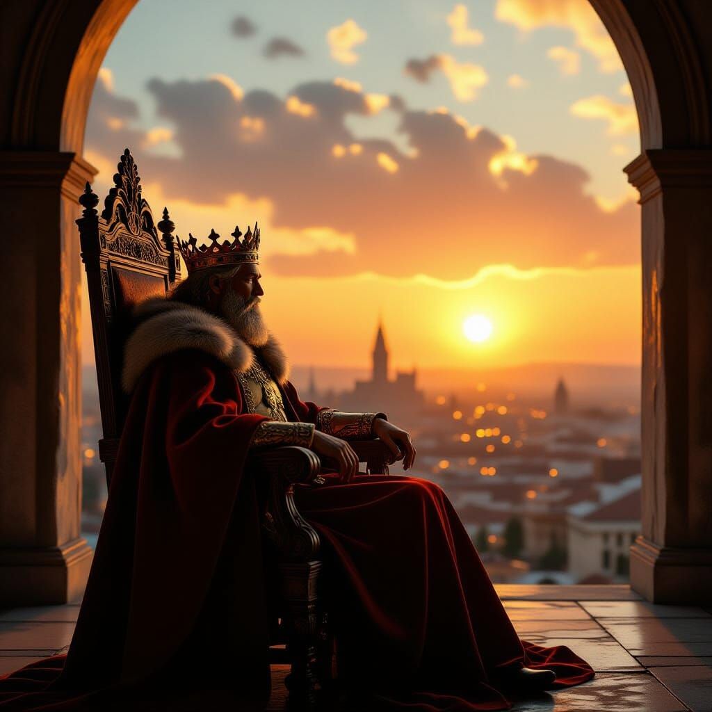 Melancholic King on Throne Overlooking Cityscape