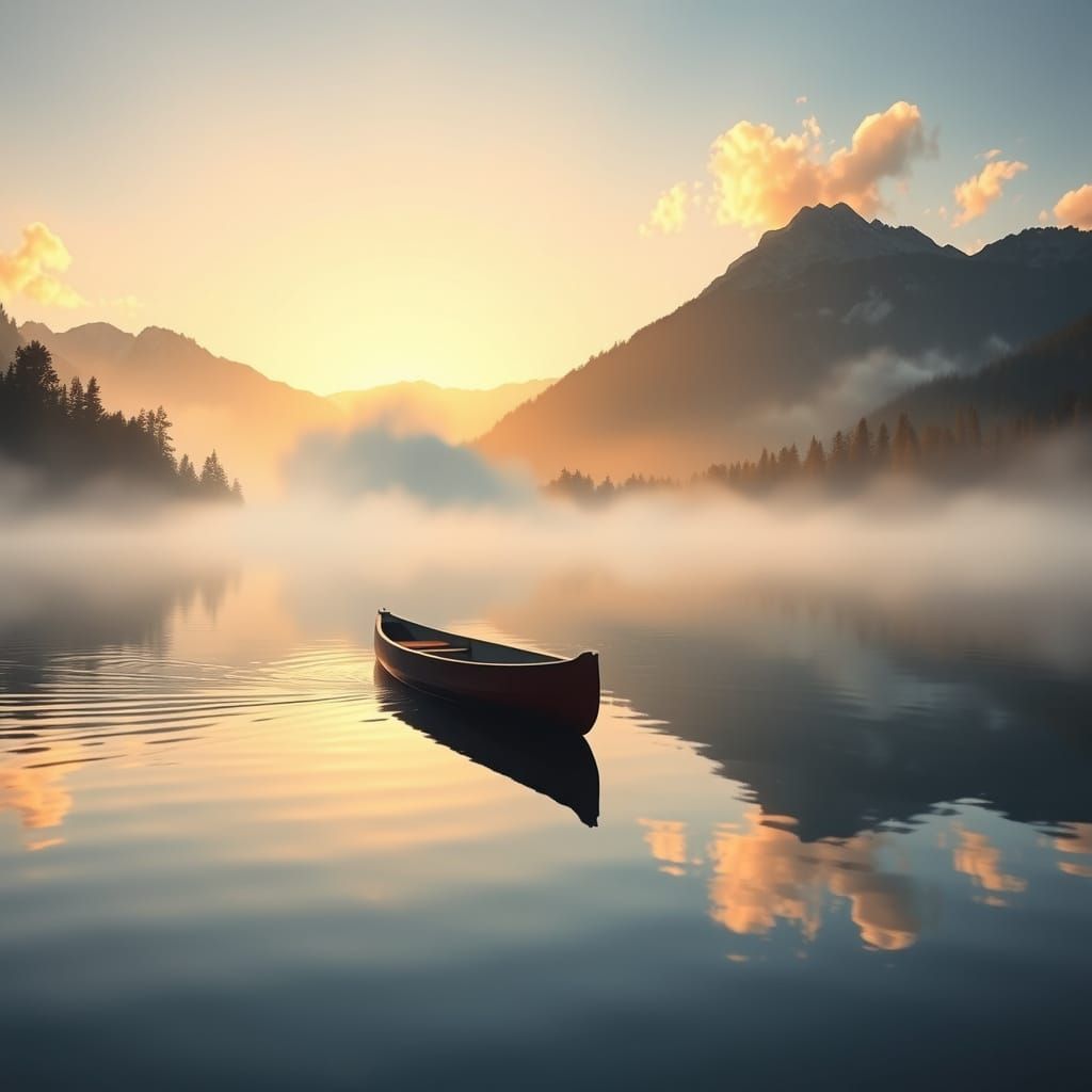 Misty Lake Canoe at Dawn: Photorealistic Summer Scene