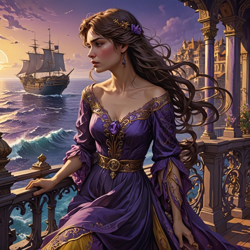 Fantasy Woman on Balcony in Art Nouveau Style