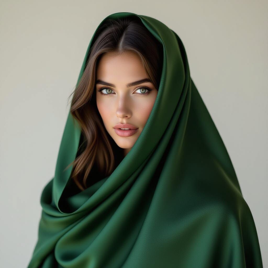 a soft dark green silk cloth with folds, only the cloth, but...