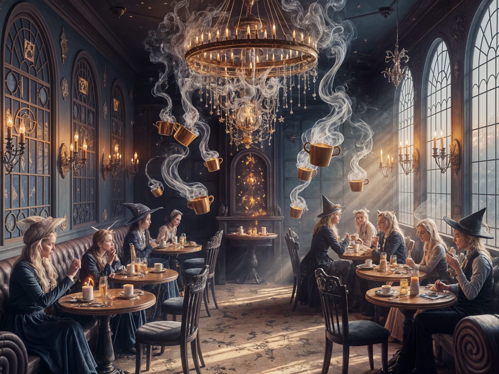 Whimsical Magic Cafe With Floating Mugs and Enchanted Patron...