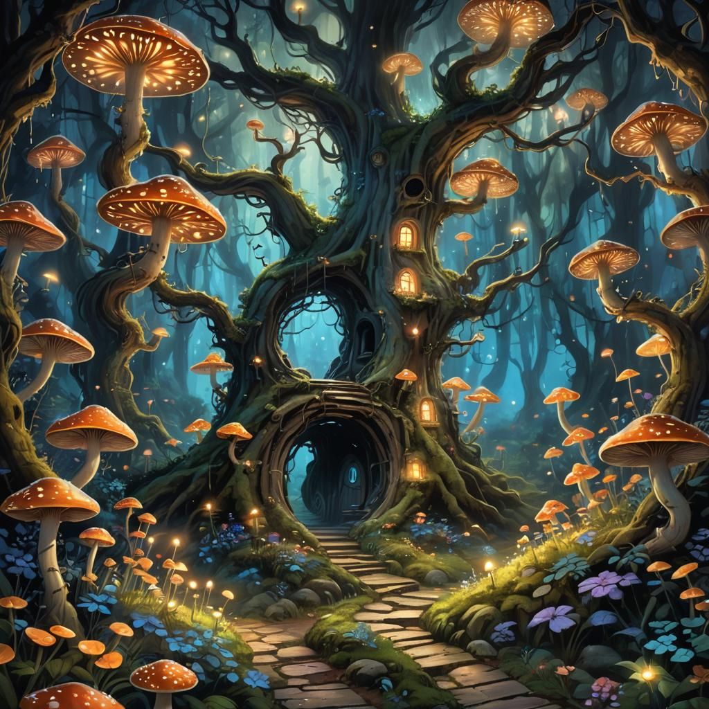 Enchanted Bioluminescent Forest Path in Matte Painting Style