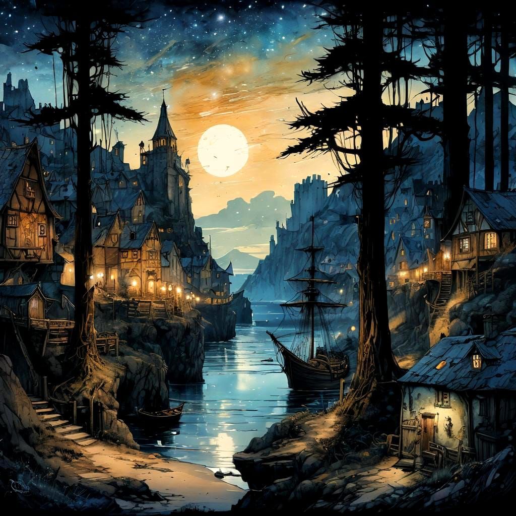 Medieval Port Town Under Starry Sky