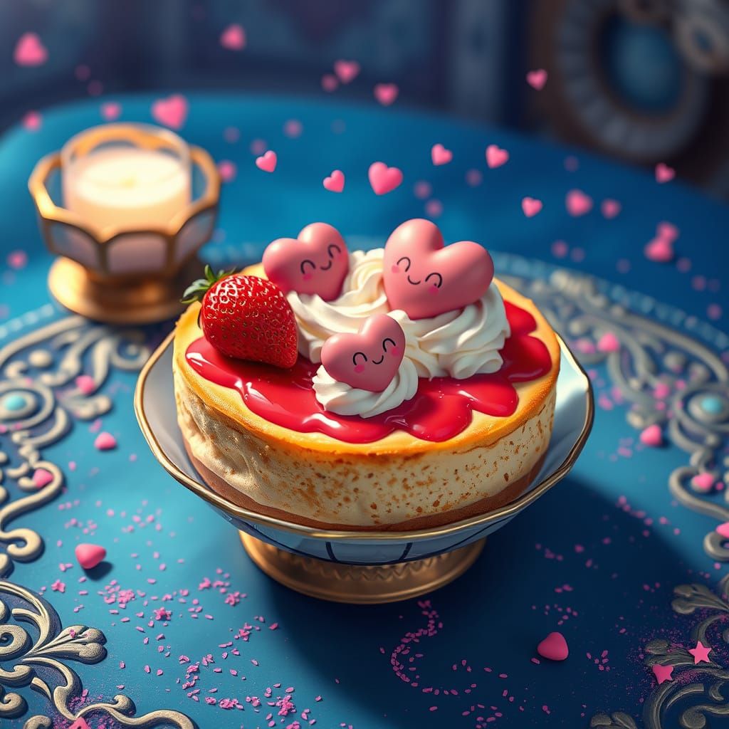Whimsical Strawberry Cheesecake Scene in Vibrant Cartoon Sty...