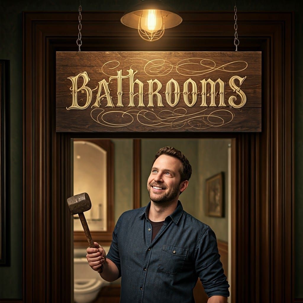 Ornate 'Bathrooms' Sign in Copperplate Script