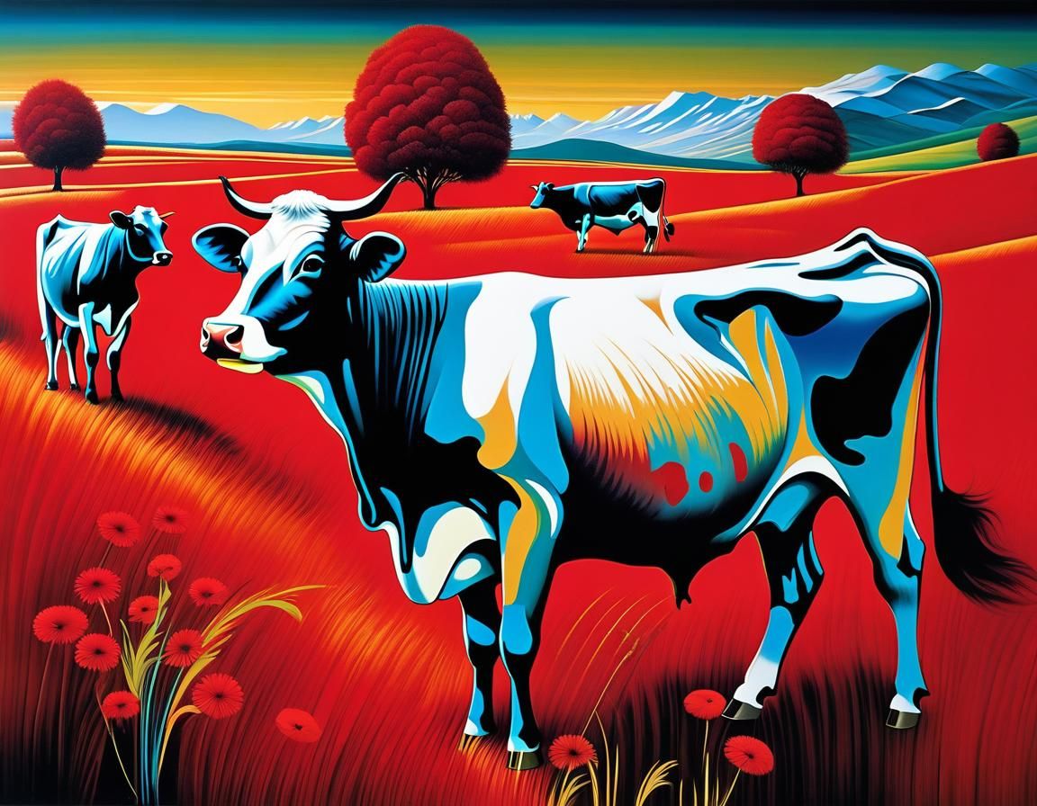 Surreal picture of cows grazing on red meadows