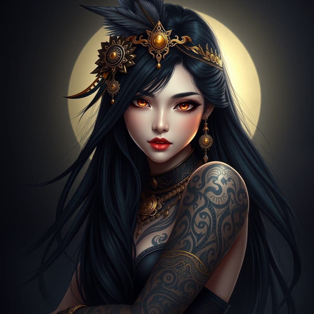 Regal Asian Goddess with Tribal Tattoos in Dark Fantasy Styl...