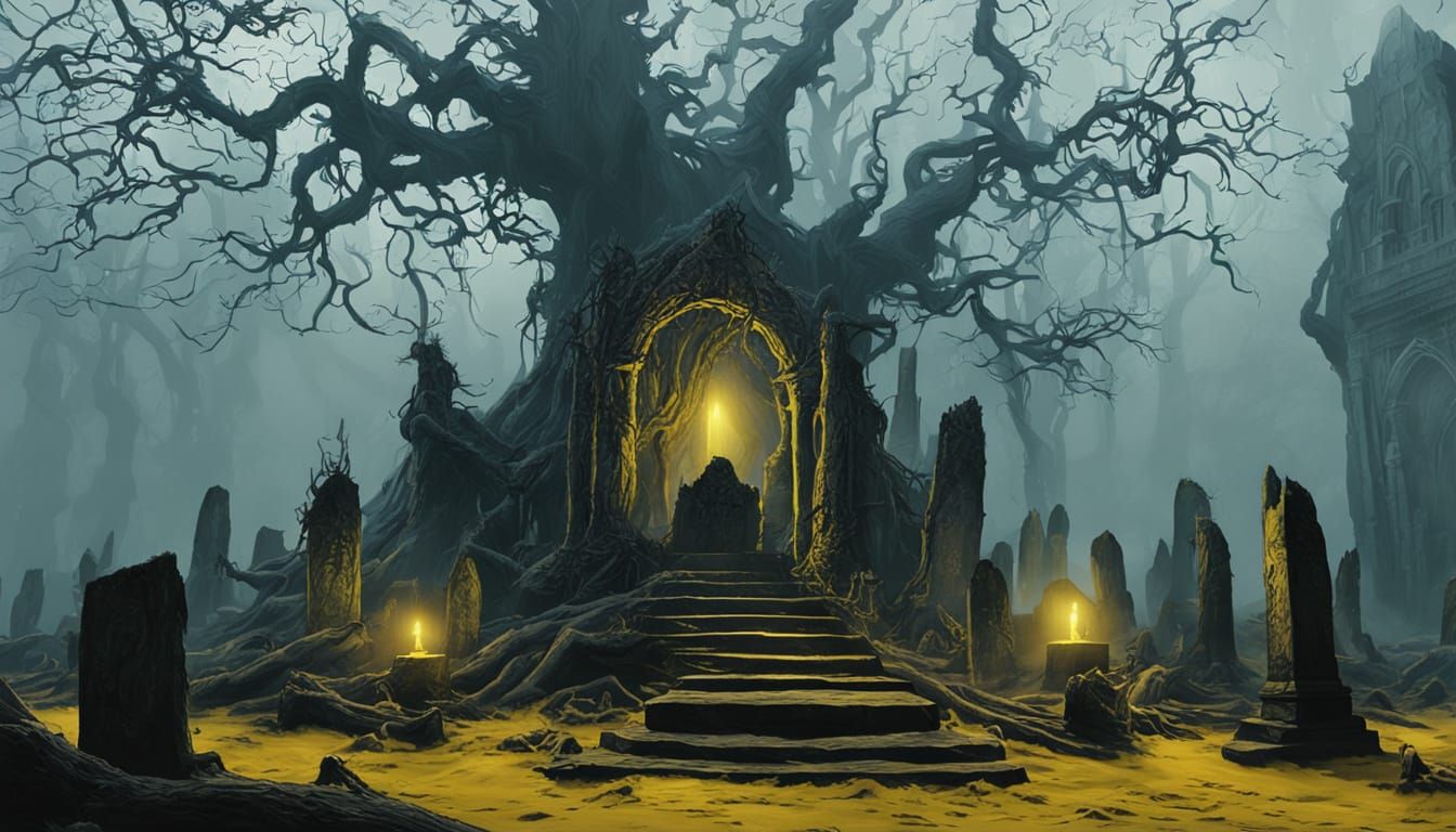 Dark Fantasy Altar in Fog with Standing Stones