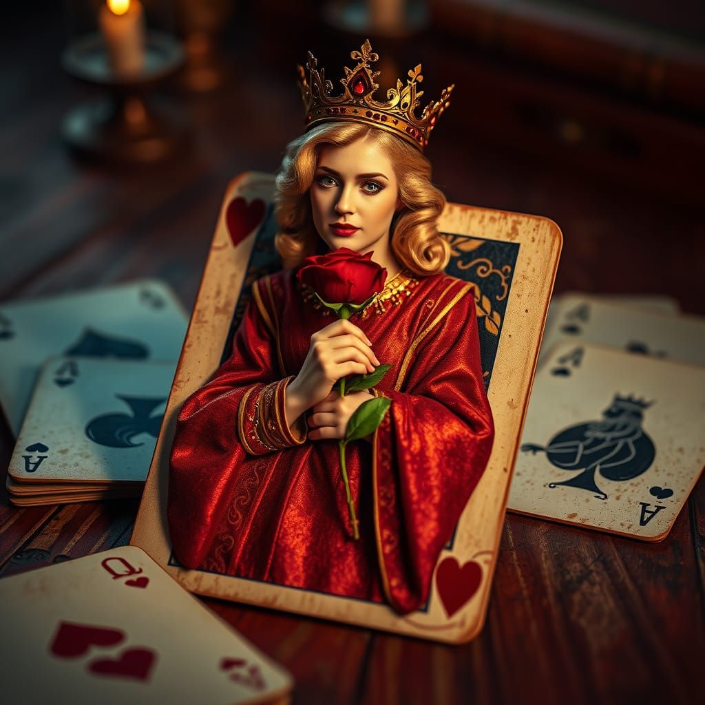 Queen of Hearts Emerges from Timeworn Playing Card