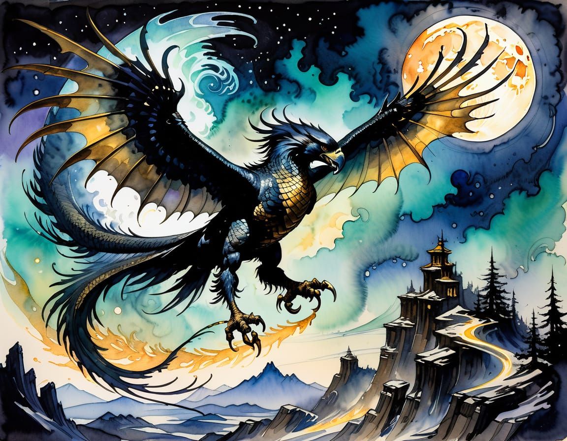 Hawk Wyvern Soaring Above Burning Mountains