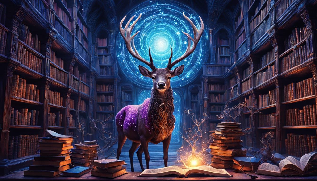 Wizard Deer with Galaxy Antlers in Magical Library