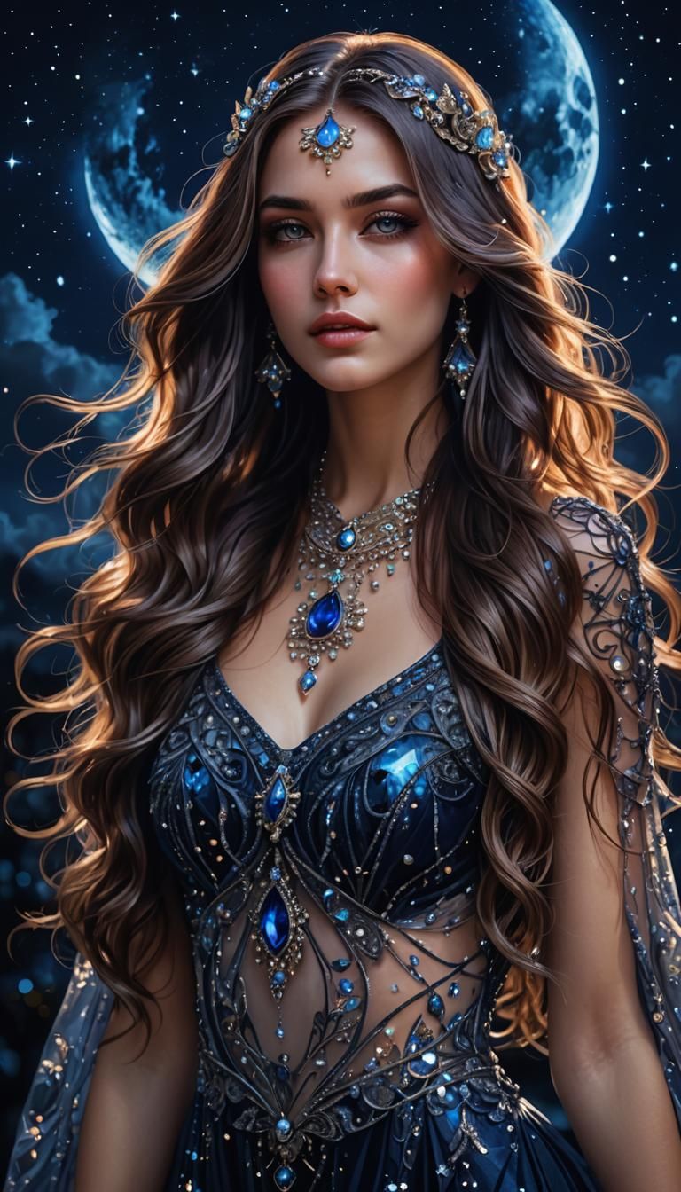 Beautiful Woman in Glass Dress Against Night Sky