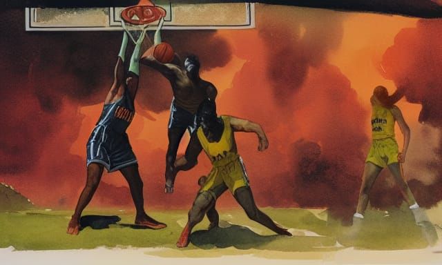 Basketball Game in Comic Book Watercolor Style