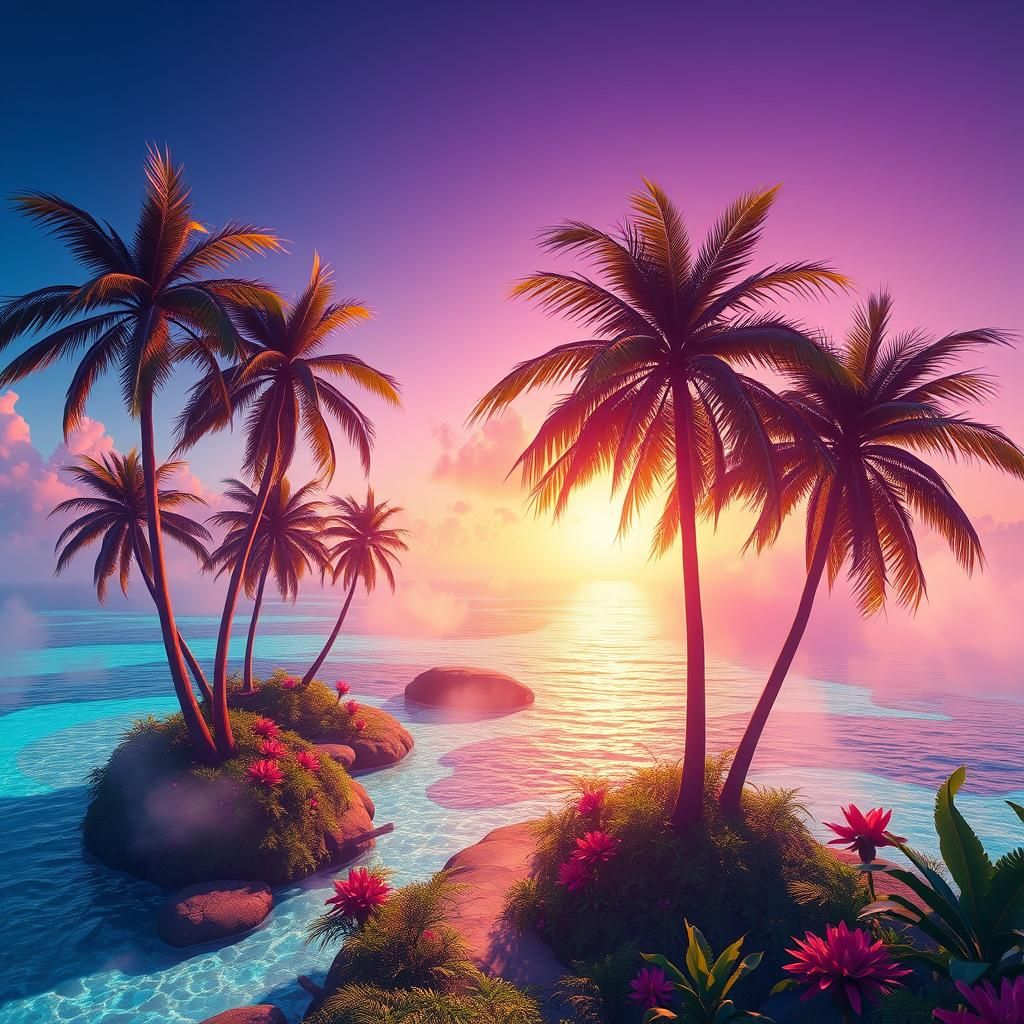 Fantasy Palm Trees in a Mystical Sunset