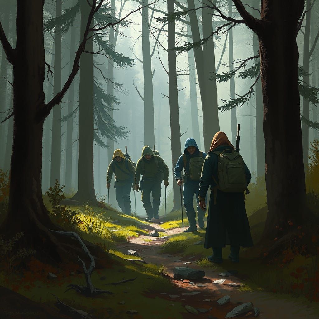 Fantasy Travelers Encounter a Dark Woodland