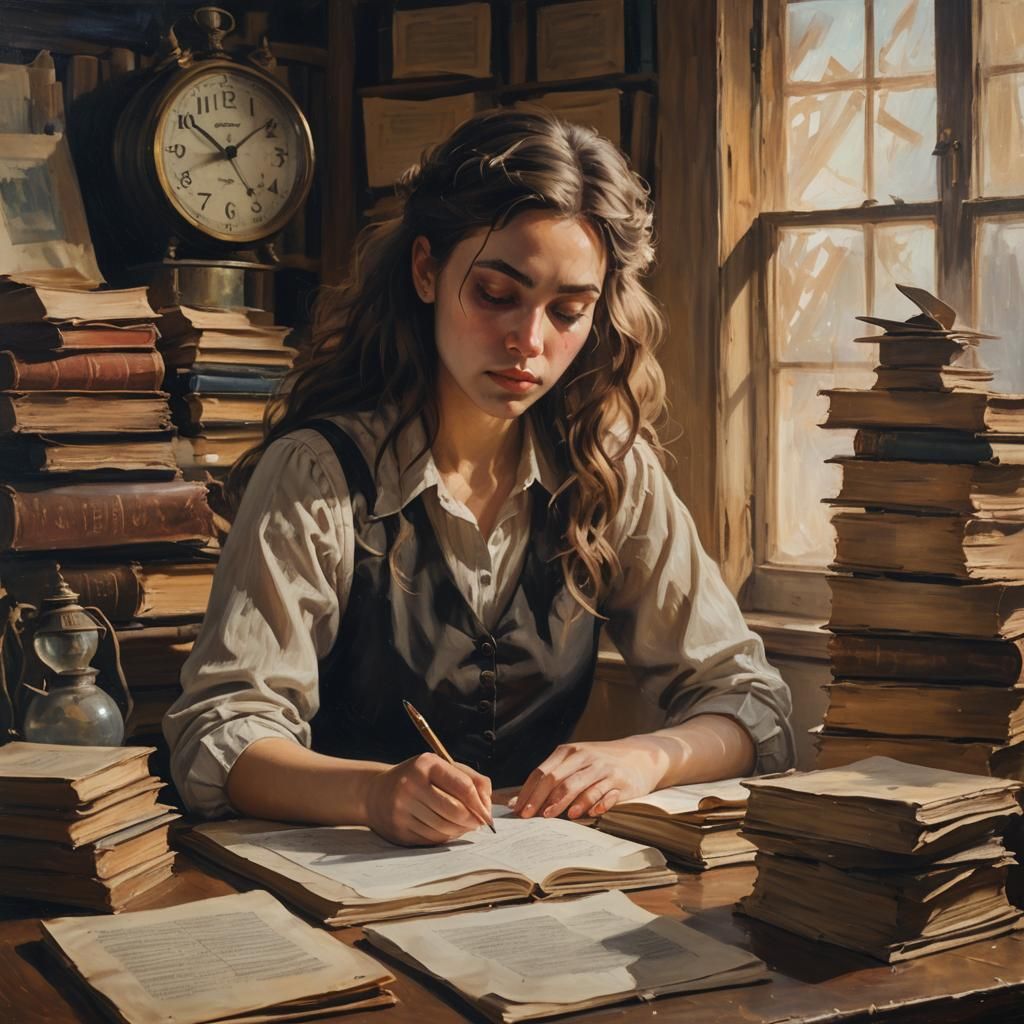Girl Writing in Journal: Moody Oil Painting