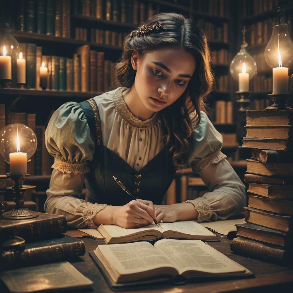 Dreamlike Portrait in Mystical Library, Surreal Digital Art
