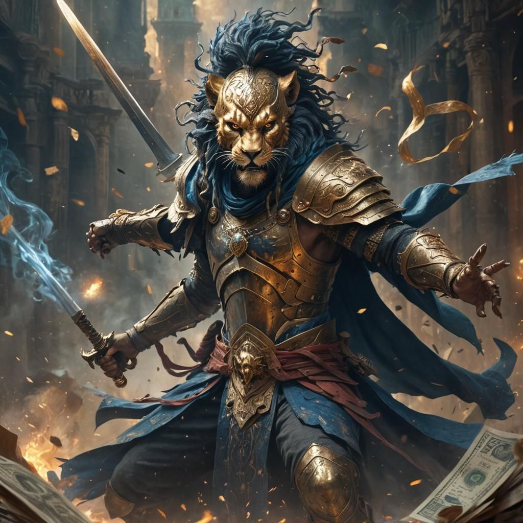 Furious Warrior Amidst Flying Banknotes in Concept Art