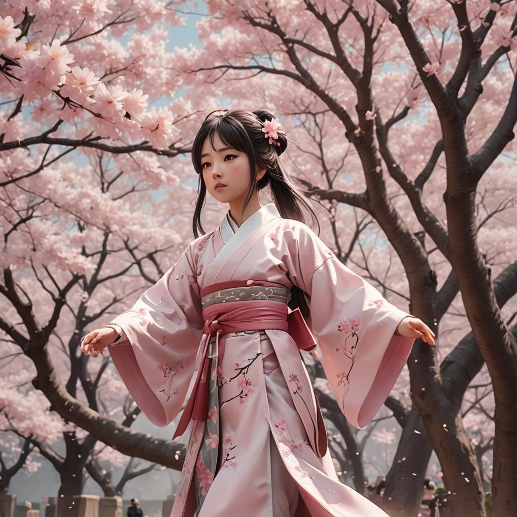 Anime Girl Under Cherry Blossom Tree in Sakuga Style