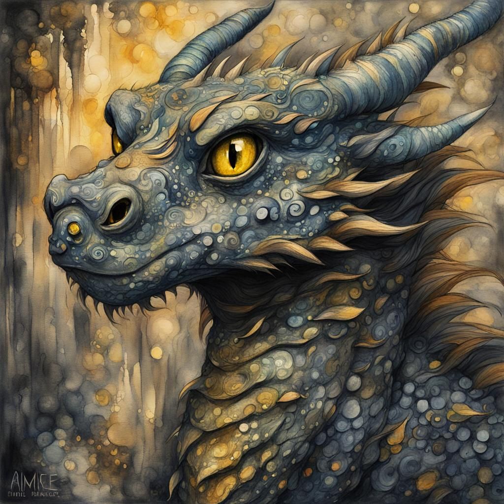 Cute Dragon in Klimt-Inspired Impressionist Style
