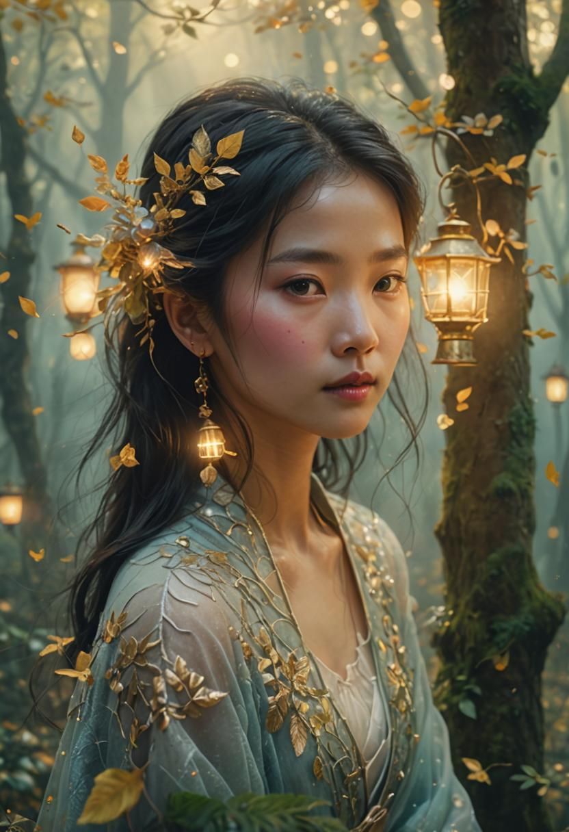 Ethereal Portrait in Misty Forest, Hyperdetailed Fantasy Art