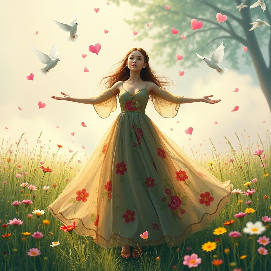Woman in Floral Gown in Lush Meadow