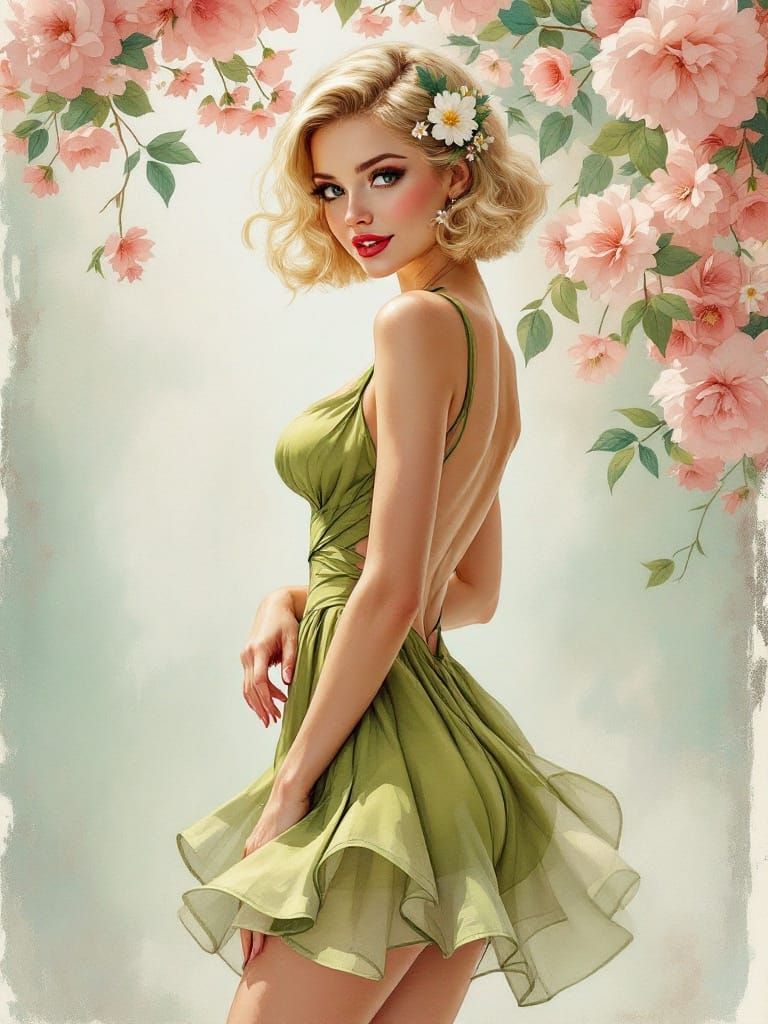 Elegant Spring Pin-Up in Vintage Green and Pink