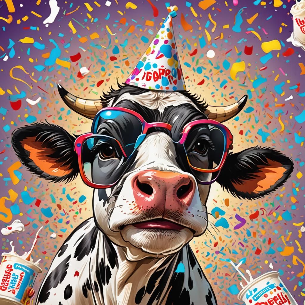 Happy Cartoon Cow Celebrates Almond Milk