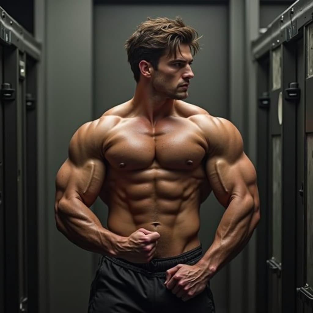 Handsome Male Bodybuilder in Locker Room