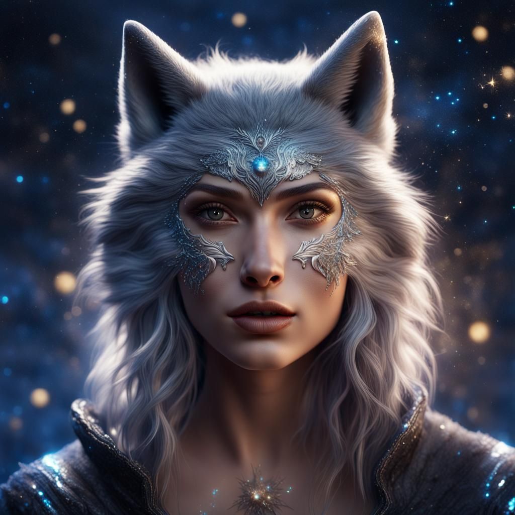 Woman's Transformation: Detailed Matte Painting of Wolf