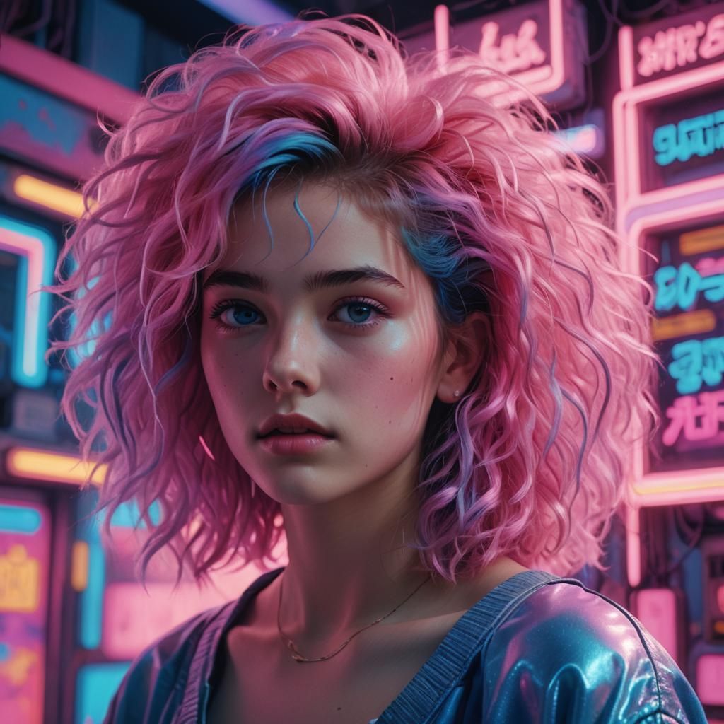 Dreamy Girl in 80s Neon Surrealism Style