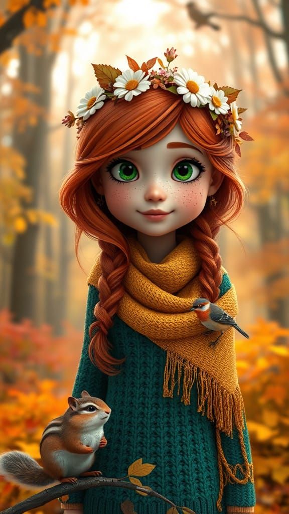 Whimsical Autumn Girl with Secret Smile and Red Hair