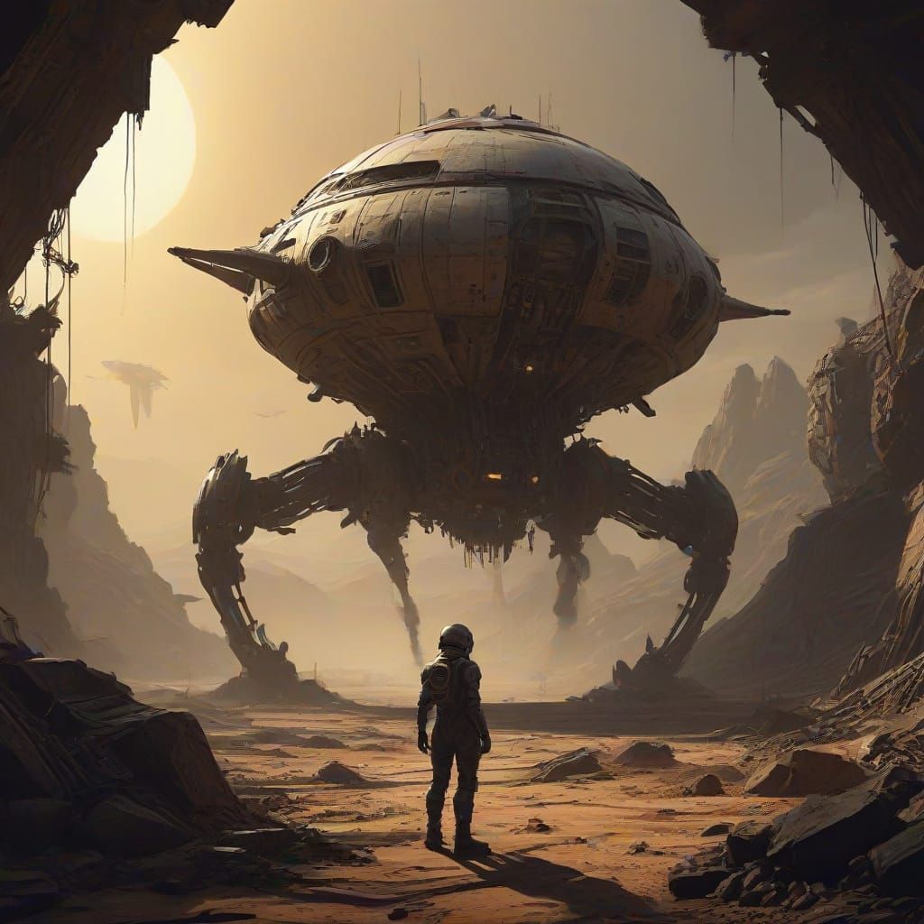 Steampunk Astronaut on Desolate Alien Planet with Derelict U...