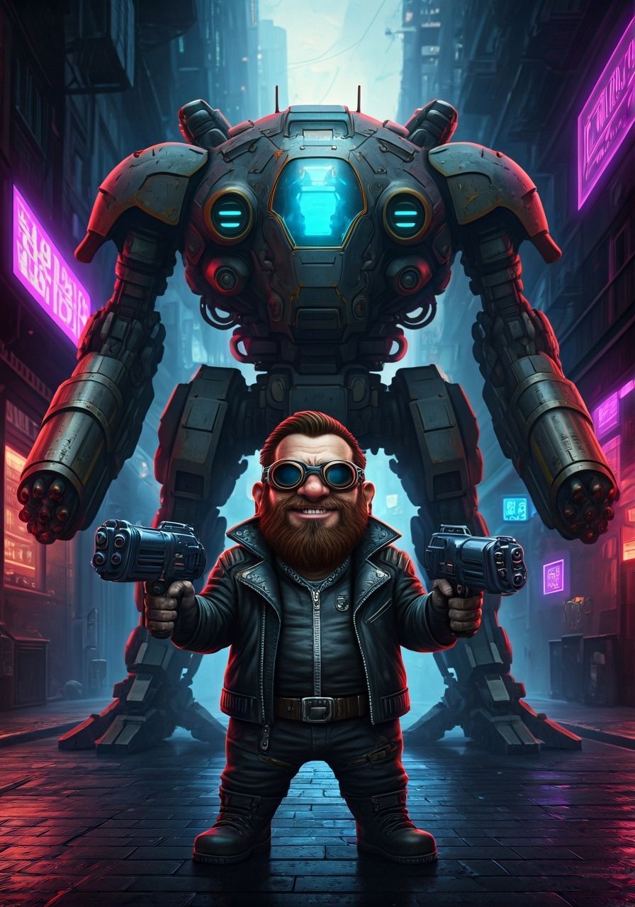 Dwarf Cyborg Rigger With Mini-Mecha in Neon Cyberpunk Alley